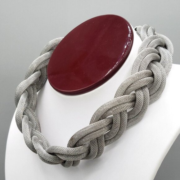 Chunky Mesh Braided Twisted Choker Necklace Silver Tone Metal 14" Length - Picture 2 of 7